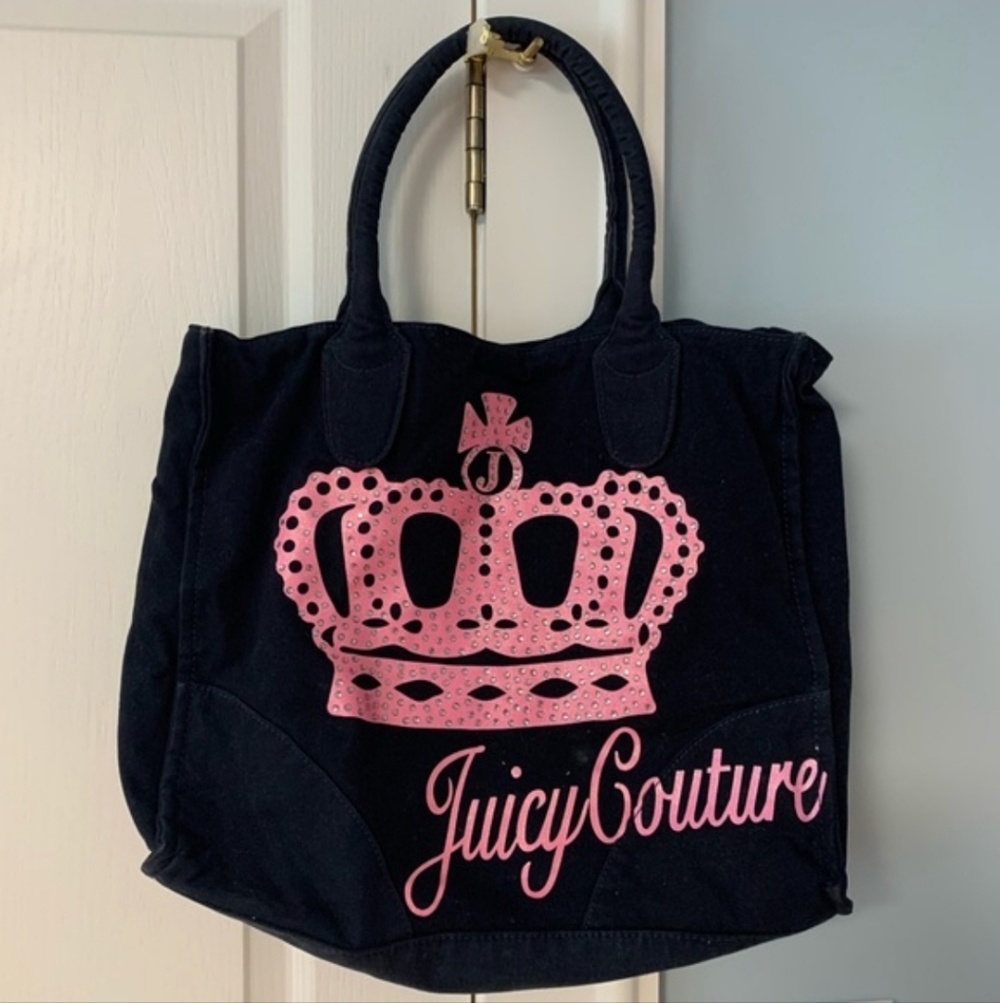 Vintage Juicy Couture Navy Tote with Pink Rhinestone Crown